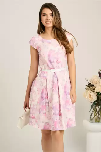 Rochie scurta lila cu flori in clos cu buzunare si curea in talie