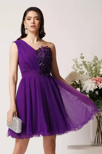 Rochie scurta mov din tull in clos cu flori pe bust- Ella Collection Serena