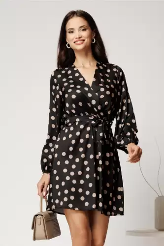 Rochie scurta neagra din satin cu buline bej si cordon in talie