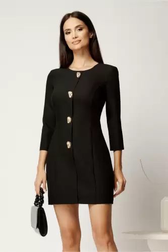 Rochie scurta neagra din stofa cu croi cambrat si nasturi decorativi