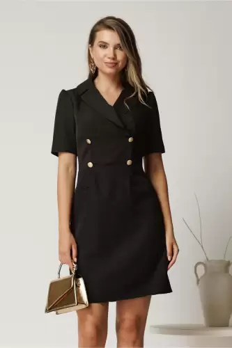 Rochie scurta neagra din stofa cu nasturi pe bust