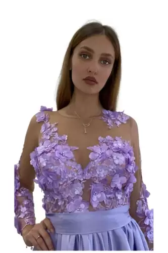 Rochie violet din voal cu flori 3D in partea superioara