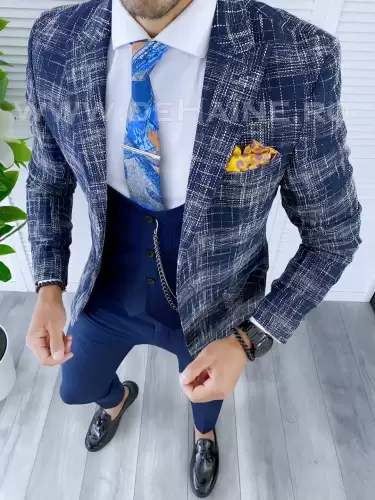 Sacou barbati in carouri slim fit bleumarin  B5303 16-1.2