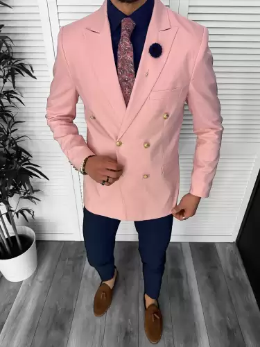 Sacou barbati slim fit 2 randuri de nasturi roz 11845 40-1.1