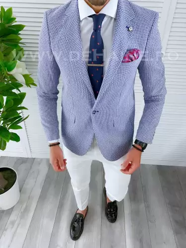 Sacou barbati slim fit cu imprimeu albastru B4235 84