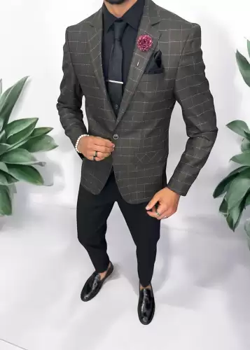 Sacou barbati slim fit kaki in carouri 784 45-1