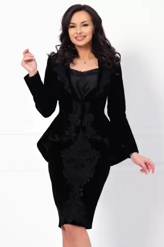 Sacou dama elegant Effect asimetric din catifea negru cu broderie pretioasa
