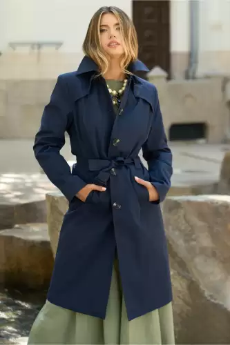 Trench bleumarin de toamna cu buzunare si cordon in talie