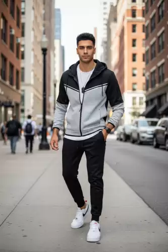 Trening barbati slim fit negru cu gri   Pantaloni + Hanorac RM08 75-4