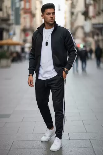 Trening barbati slim fit negru Pantaloni + Hanorac 1209 i15-2.3