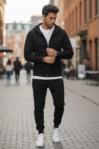 Trening barbati slim fit negru  Pantaloni + Hanorac 5032  i15-5.1