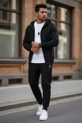 Trening barbati slim fit negru Pantaloni + Hanorac RM05 75-4