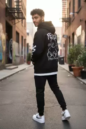 Trening barbati slim fit negru  Pantaloni + Hanorac  vatuit  RM57 i17-1.1