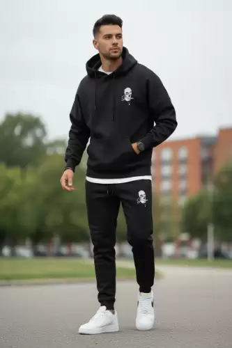 Trening barbati slim fit negru Pantaloni + Hanorac vatuit RM58 i15-4