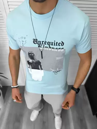 Tricou barbati albastru  cu imprimeu  slim  Y205 22A-4.2