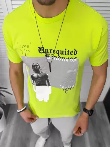 Tricou barbati galben neon  cu imprimeu  slim  Y205 22A-5.2
