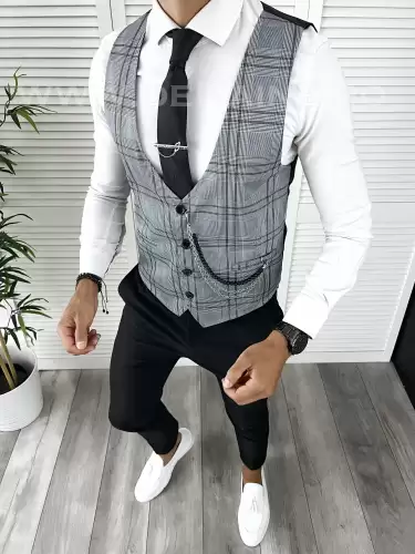 Vesta barbati eleganta slim fit in carouri V68 i18-4