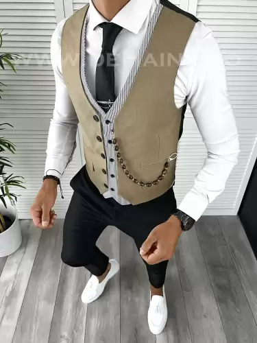 Vesta barbati eleganta slim fit maro deschis V14  P19-5.2