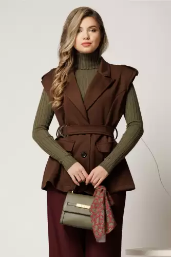 Vesta maro din viscoza cu croi cambrat si cordon in talie