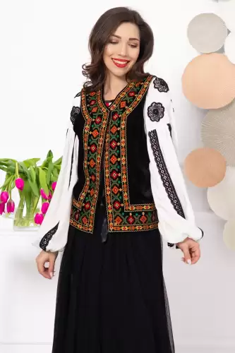Vesta traditionala Creola din catifea cu broderie geometrica multicolora