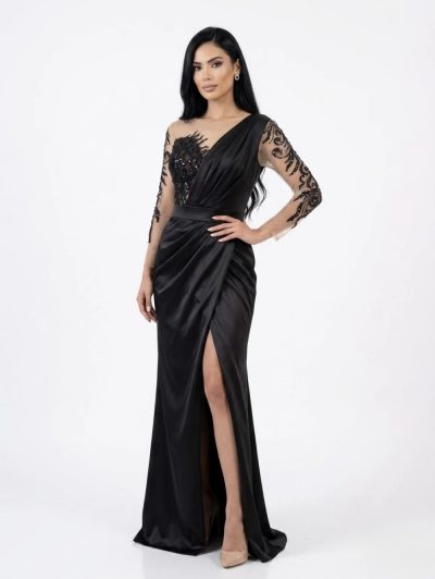 Rochie lunga din tafta cu slit pe picior si broderie pretioasa
