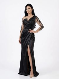 Rochie lunga din tafta cu slit pe picior si broderie pretioasa
