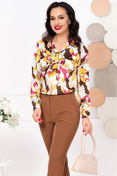 Bluza dama eleganta cu imprimeu tip pictura si guler esarfa