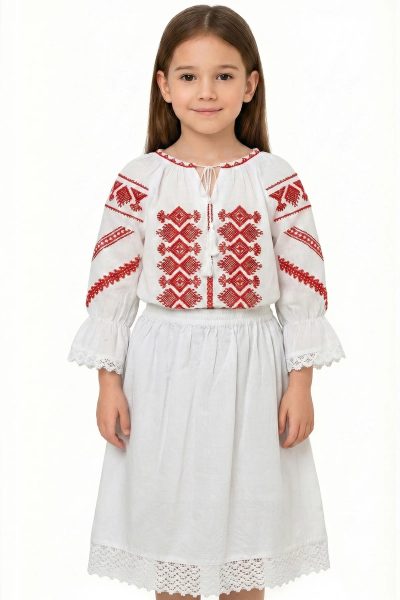Fusta traditionala fetita alba din bumbac