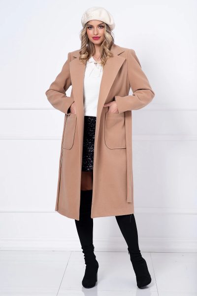 Palton dama camel lung Adelina cu buzunare maxi