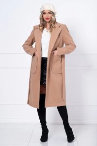 Palton dama camel lung Adelina cu buzunare maxi