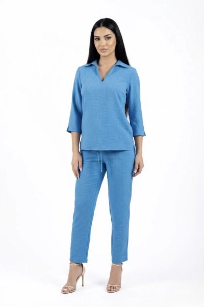 Pantaloni casual bleu din vascoza cu buzunare laterale si snur reglabil
