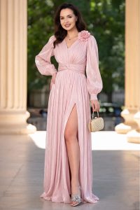 Rochie de seara eleganta Gabriella roz cu drapaje si floare 3D