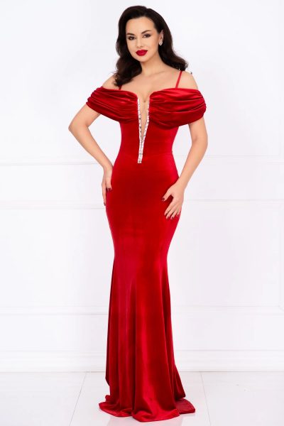Rochie de seara rosie din catifea Leila cu fronseuri si strassuri