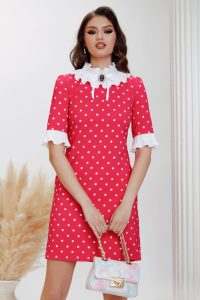 Rochie de zi Fofy in A ciclame cu buline albe guler si mansete plisate