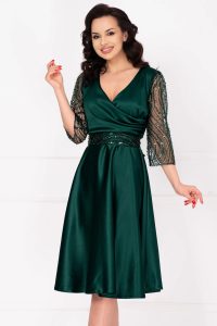 Rochie eleganta verde midi Britney in clos cu maneci din tulle