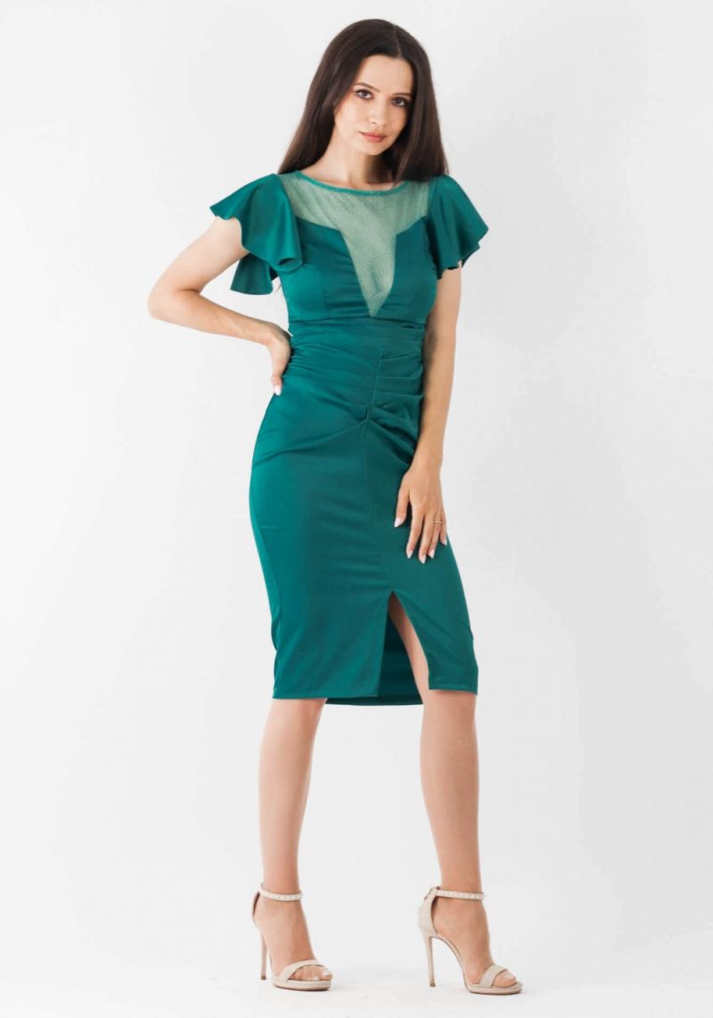 Rochie Moze verde conica prevazuta cu pliuri la talie