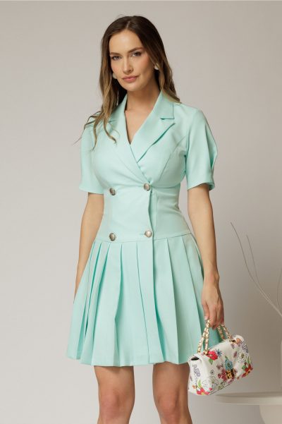 Rochie scurta turcoaz tip sacou cu pliuri pe fusta