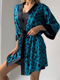 Set Halat & Camasa de noapte „Geometric Glam” – 2301395, Negru / Turcoaz